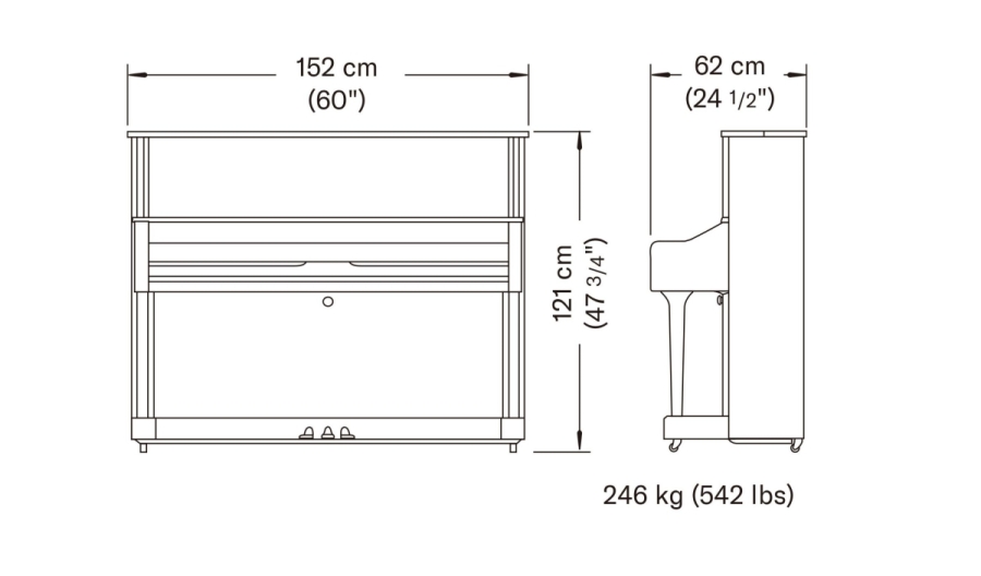 Yamaha U1JCP Satin Dark Walnut (SDW) Dimensions